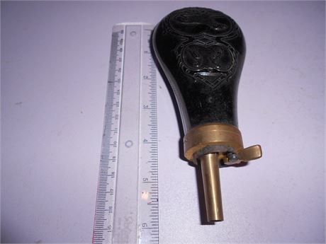POWDER FLASK - NEW - 5in.BODY FOR PERCUSSION PISTOL WITH SPOUT FOR .45 Cal.